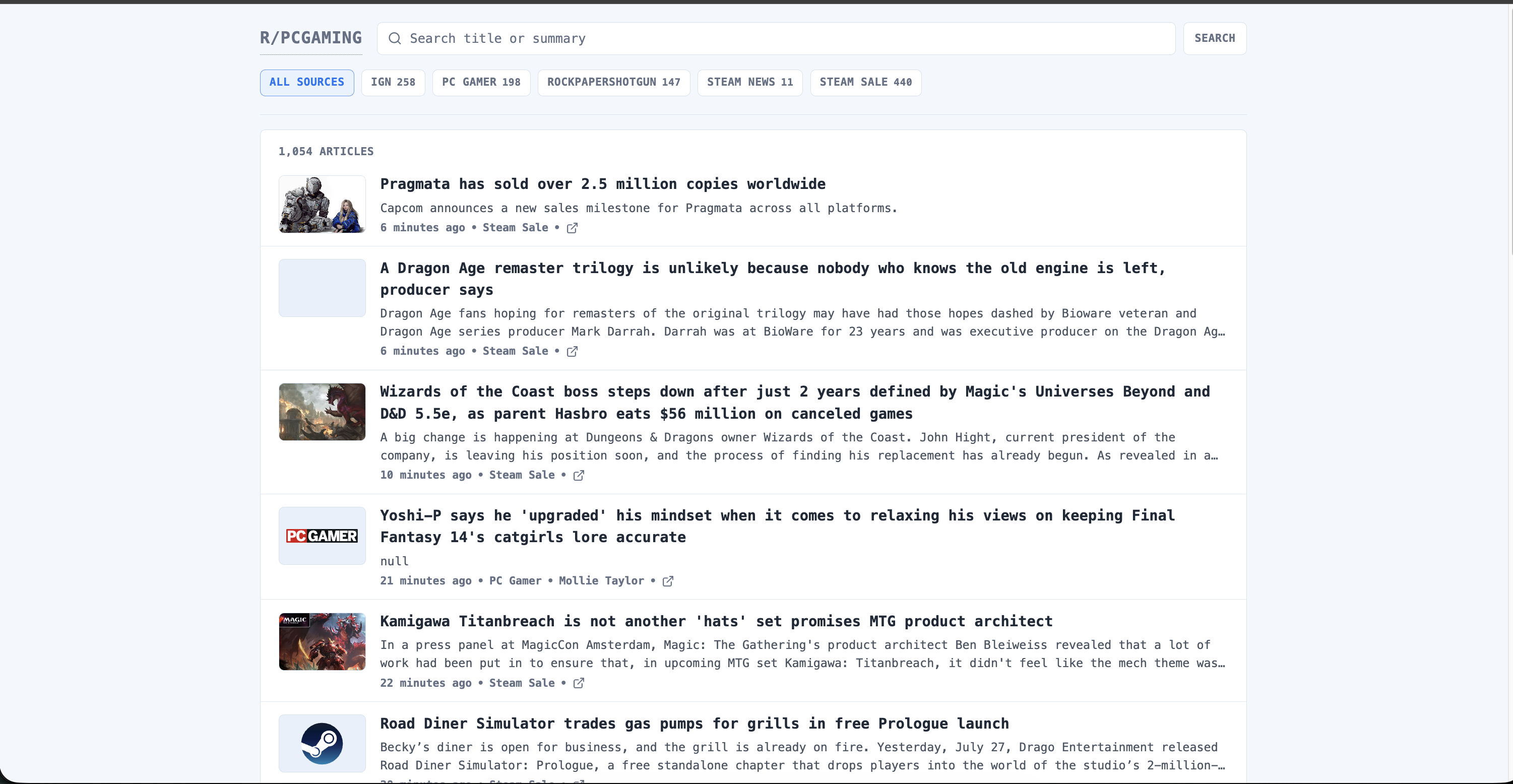 Gaming Feed dashboard